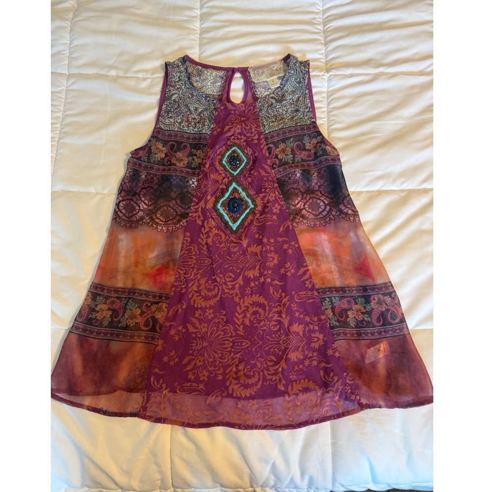Nick & Mo Sleeveless Tunic Womens Small Purple Excellent Beaded Boho Mesh Top